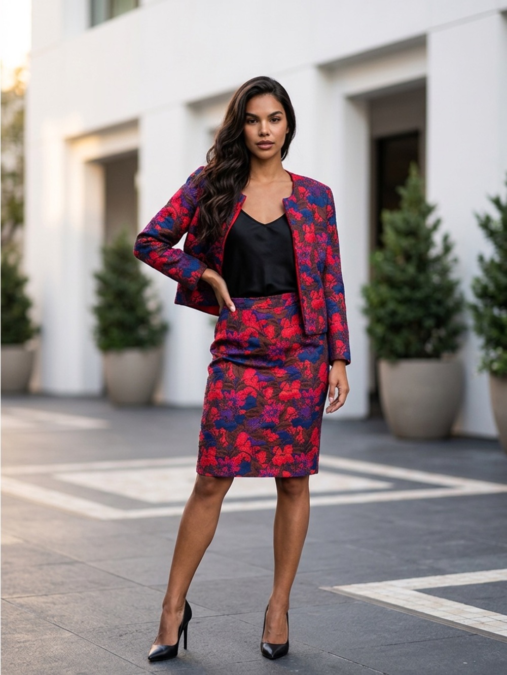 Thai Silk 100 Floral Skirt Suit Set Made In Thailand